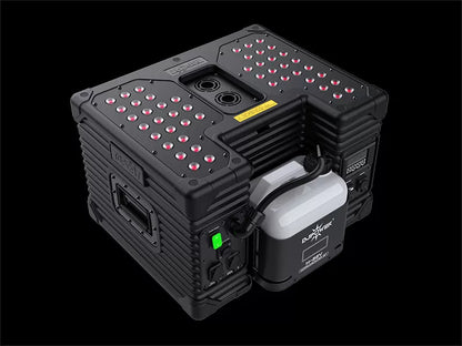 The DJ Power HURRICANE SUPER JET (IP53) by DJ Power is a rugged black electronic device designed as a high-power fog machine, featuring red LED lights on top, sturdy side handles, a battery pack labeled PWRHUB, and a green power button—all set against a black background.