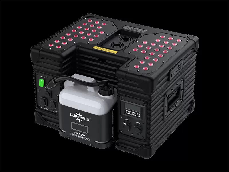 A black DJ Power HURRICANE SUPER JET (IP53) high-power fog machine with a removable fluid container, control buttons, LED indicators, and handle, shown on a black background.