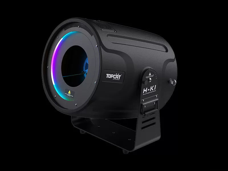 A black DJ Power DJ Power Smoke Ring Machine with a circular RGB LED light ring that glows in multiple colors, set against a black background.