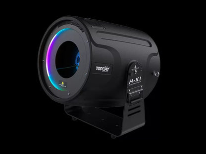 A black DJ Power DJ Power Smoke Ring Machine with a circular RGB LED light ring that glows in multiple colors, set against a black background.