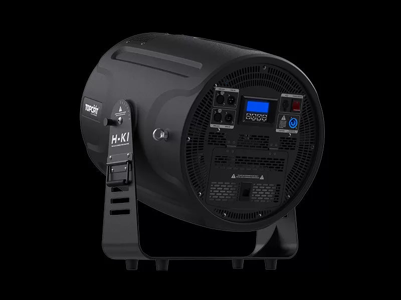 The DJ Power Smoke Ring Machine by DJ Power is a black cylindrical electronic device featuring a digital display, vents, switches, and multiple ports on one end; this advanced vortex ring launcher is mounted on a sturdy stand against a black background.