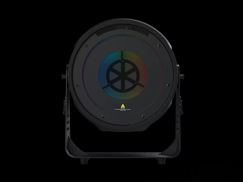 A front-facing view of the DJ Power DJ Power Smoke Ring Machine, featuring a circular black frame, showcases a subtle RGB LED light ring and a distinct wheel-like pattern at its center against a black background.