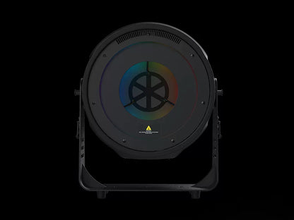 A front-facing view of the DJ Power DJ Power Smoke Ring Machine, featuring a circular black frame, showcases a subtle RGB LED light ring and a distinct wheel-like pattern at its center against a black background.