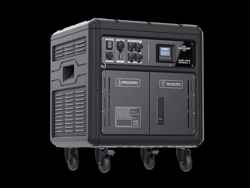 A portable black DJ Power Waterproof Bubble Fog Machine (IP54) featuring multiple outlets, a display screen, and wheels for easy mobility—perfect for outdoor events—displayed against a black background.