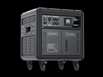 A portable black DJ Power Waterproof Bubble Fog Machine (IP54) featuring multiple outlets, a display screen, and wheels for easy mobility—perfect for outdoor events—displayed against a black background.