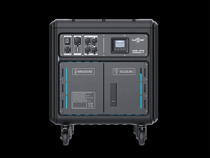 Front view of the DJ Power Waterproof Bubble Fog Machine (IP54) by DJ Power in black, featuring a control panel, display screen, multiple outlets, and two compartments at the bottom. Designed to be rainproof, this portable unit is on wheels and ideal for outdoor events. Displayed against a black background.