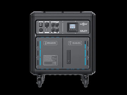 Front view of the DJ Power Waterproof Bubble Fog Machine (IP54) by DJ Power in black, featuring a control panel, display screen, multiple outlets, and two compartments at the bottom. Designed to be rainproof, this portable unit is on wheels and ideal for outdoor events. Displayed against a black background.