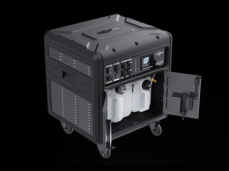 The DJ Power Waterproof Bubble Fog Machine (IP54) by DJ Power, designed for outdoor events, features control panels, vents, and an open compartment revealing two white fuel containers—all set against a plain black background.