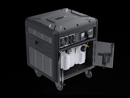 The DJ Power Waterproof Bubble Fog Machine (IP54) by DJ Power, designed for outdoor events, features control panels, vents, and an open compartment revealing two white fuel containers—all set against a plain black background.