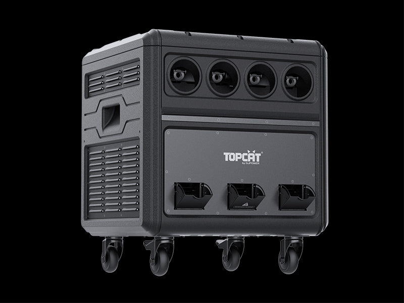A black, box-shaped DJ Power DJ Power Waterproof Bubble Fog Machine (IP54) featuring rainproof vents and four caster wheels is set against a black background—ideal for outdoor events.