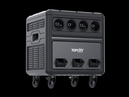A black, box-shaped DJ Power DJ Power Waterproof Bubble Fog Machine (IP54) featuring rainproof vents and four caster wheels is set against a black background—ideal for outdoor events.