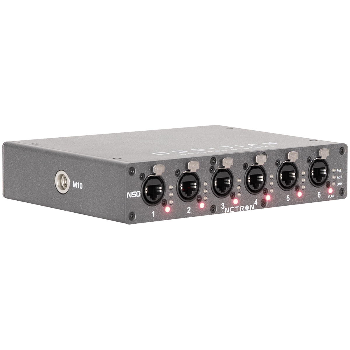 The Obsidian NETRON NS8 by Obsidian Control Systems is a metal Gigabit network switch featuring six numbered Ethernet ports, each with an individual LED indicator beneath. Its flat, rectangular design includes a side screw port labeled M10, making it well-suited for integration with lighting control systems.