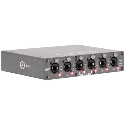 The Obsidian NETRON NS8 by Obsidian Control Systems is a metal Gigabit network switch featuring six numbered Ethernet ports, each with an individual LED indicator beneath. Its flat, rectangular design includes a side screw port labeled M10, making it well-suited for integration with lighting control systems.