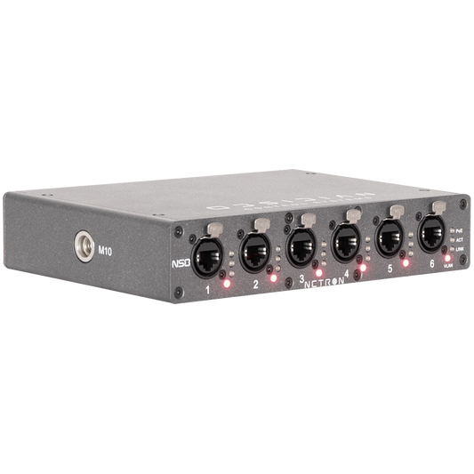 The Obsidian NETRON NS8 by Obsidian Control Systems is a metal Gigabit network switch featuring six numbered Ethernet ports, each with an individual LED indicator beneath. Its flat, rectangular design includes a side screw port labeled M10, making it well-suited for integration with lighting control systems.