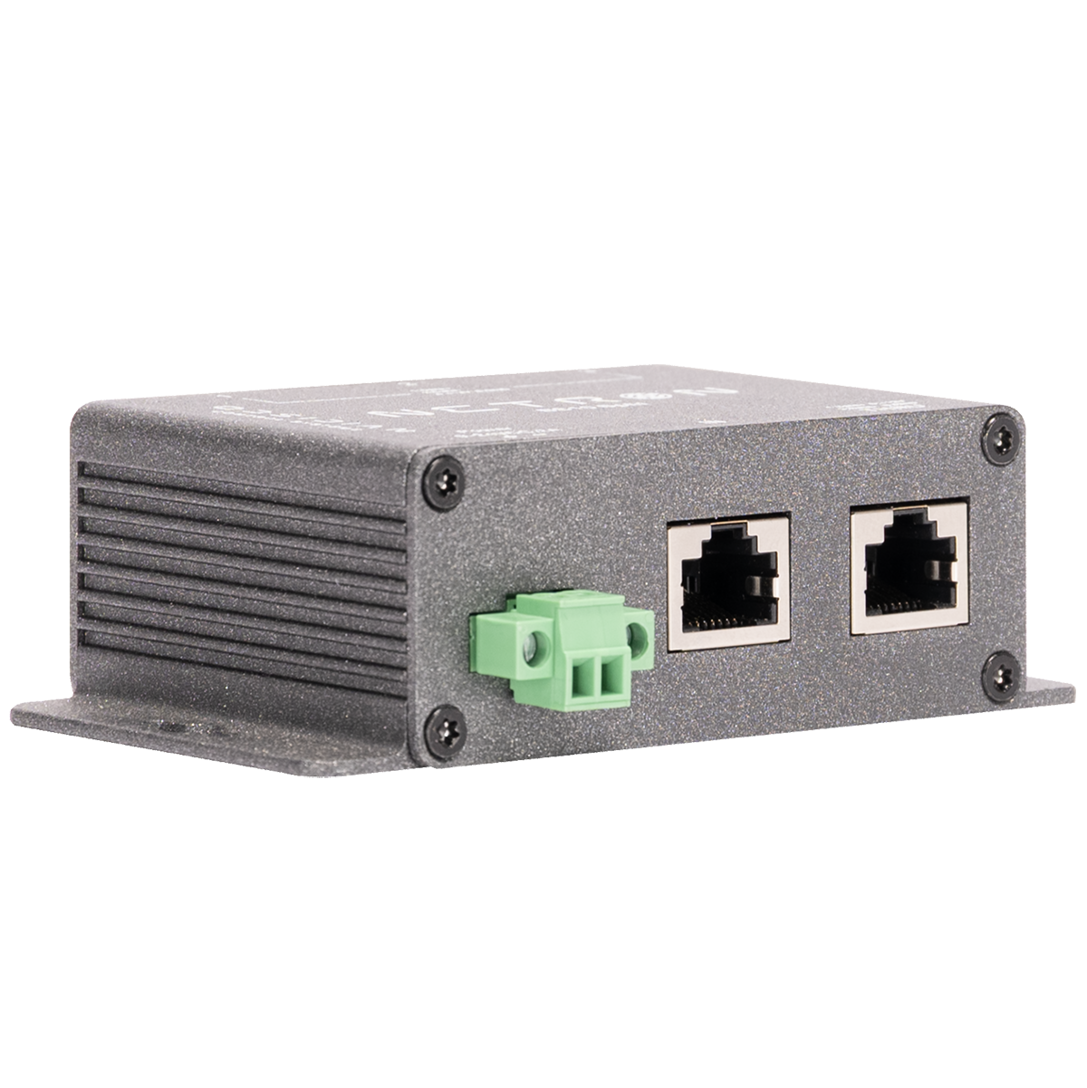 A small rectangular electronic device, the Obsidian NETRON BS10 Split by Obsidian Control Systems, features a gray metal case, two RJ45 Ethernet ports, and a green terminal block connector. Resembling a compact button station, it is shown placed on a white background.