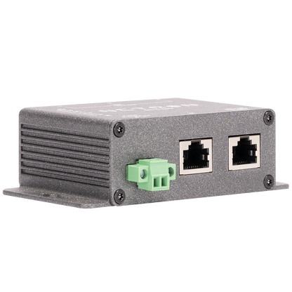 A small rectangular electronic device, the Obsidian NETRON BS10 Split by Obsidian Control Systems, features a gray metal case, two RJ45 Ethernet ports, and a green terminal block connector. Resembling a compact button station, it is shown placed on a white background.
