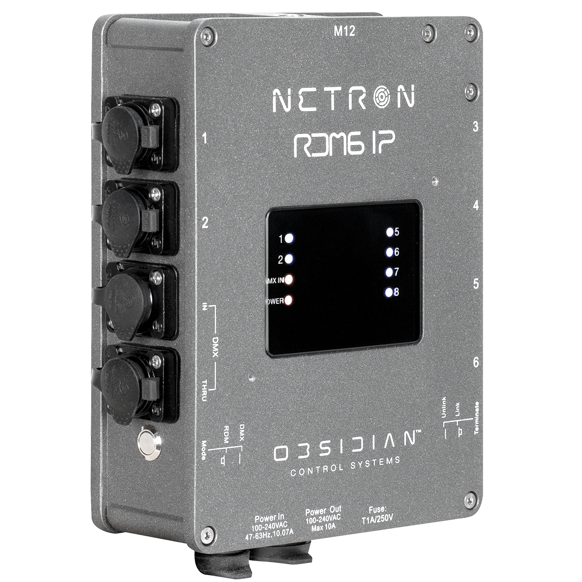 The Obsidian NETRON RDM6 IP by Obsidian Control Systems is an IP66 rated DMX/RDM splitter in gray, equipped with multiple ports on its left side and a front panel that features a digital number display alongside labeled LEDs.