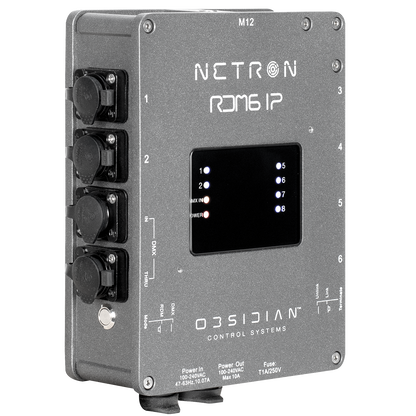 The Obsidian NETRON RDM6 IP by Obsidian Control Systems is an IP66 rated DMX/RDM splitter in gray, equipped with multiple ports on its left side and a front panel that features a digital number display alongside labeled LEDs.
