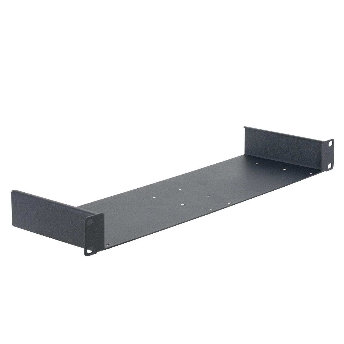Obsidian Control Systems Obsidian NETRON NET SHELF is a black metal rack mount shelf featuring a flat base and two raised side brackets, designed for mounting electronic equipment or Netron rack devices in a standard 19-inch server rack.