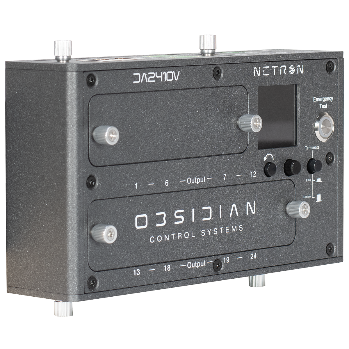 The Obsidian Control Systems NETRON DA2410V is a black device featuring a front panel with controls, clearly labeled input and output ports, knobs, and a small screen. Designed for professional environments, this unit provides comprehensive DMX, RDM, Art-Net, and sACN support to ensure seamless integration into advanced audio or lighting systems.