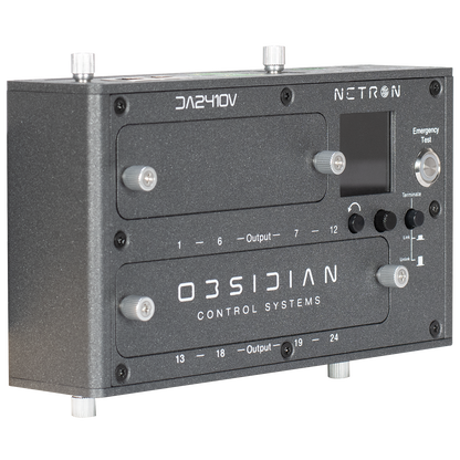 The Obsidian Control Systems NETRON DA2410V is a black device featuring a front panel with controls, clearly labeled input and output ports, knobs, and a small screen. Designed for professional environments, this unit provides comprehensive DMX, RDM, Art-Net, and sACN support to ensure seamless integration into advanced audio or lighting systems.