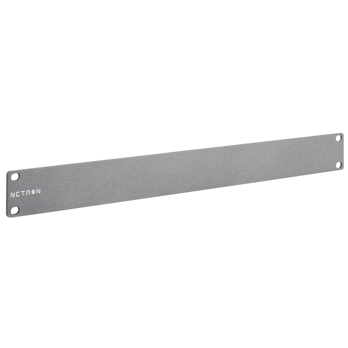 The Obsidian Control Systems Obsidian NETRON NET Plate is a silver metal 1U rack cover panel, featuring four screw holes—one at each corner—and the word “NETRON” printed on the left side. This panel also includes an A-Size connector cutout for enhanced versatility.