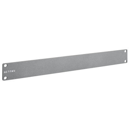 The Obsidian Control Systems Obsidian NETRON NET Plate is a silver metal 1U rack cover panel, featuring four screw holes—one at each corner—and the word “NETRON” printed on the left side. This panel also includes an A-Size connector cutout for enhanced versatility.