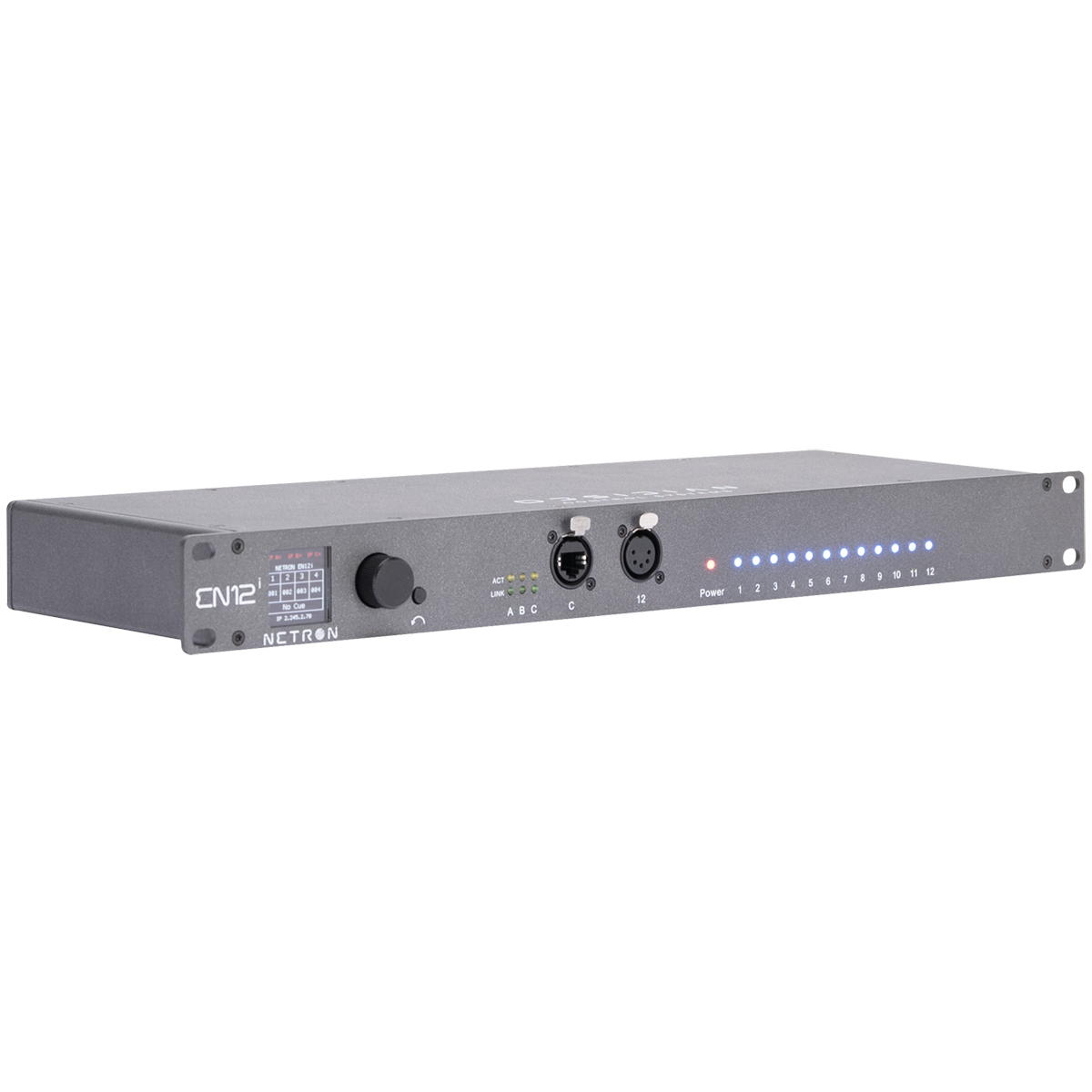 The Obsidian Control Systems NETRON EN12i is a black rackmount unit featuring multiple LED indicators, control buttons, a rotary knob, and XLR connectors. Labeled “EN12i” and “NETRON,” this professional device is designed for audio equipment racks and serves as an Art-Net to DMX gateway, ensuring seamless integration into advanced lighting control systems.