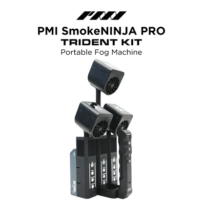 Three compact black PMI SmokeNINJA Pro Trident Kit fog machines and a remote control are arranged vertically on a white background for cinematic effects.