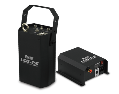 Two black Antari devices labeled LCU-2S (60709) appear on a white background: one is a tall rectangular Liquid Distribution System with a handle and control panel; the other is a compact Fluid Supply Distributor.