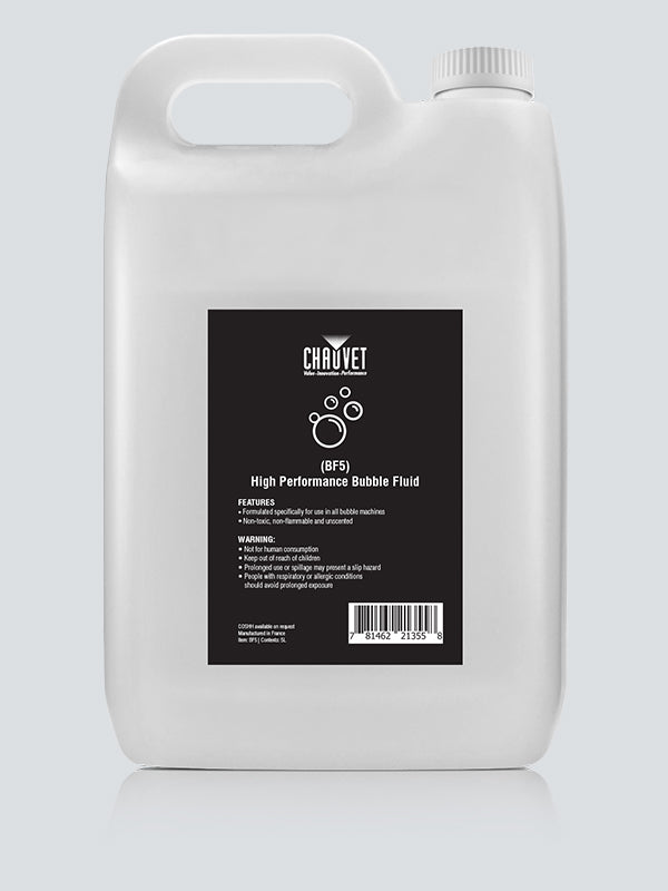 A white plastic gallon jug of Chauvet - High Performance Bubble Fluid (BF5) by Chauvet, suitable for use in any bubble machine, features a black label displaying product information and a barcode. The jug comes with a handle on the top left and a screw cap on the right.