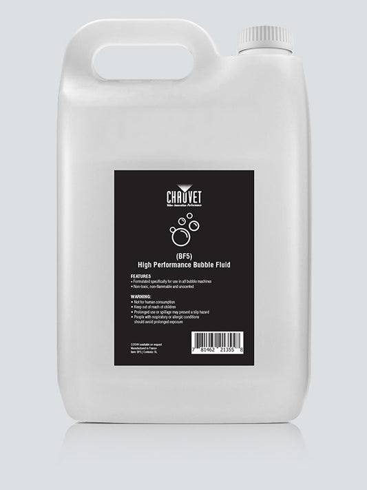 A white plastic gallon jug of Chauvet - High Performance Bubble Fluid (BF5) by Chauvet, suitable for use in any bubble machine, features a black label displaying product information and a barcode. The jug comes with a handle on the top left and a screw cap on the right.
