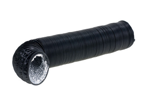 The HazeTech Single Duct Adaptor with 6M Hose (JEM Dynamic Glaciator) features a black flexible hose with a shiny silver interior—ideal for use with the Glaciator Ducting Kit or as a low-fog diverter.