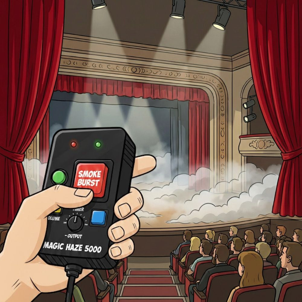 Hand holding a haze machine remote control labeled over a theater with red curtains and an audience.
