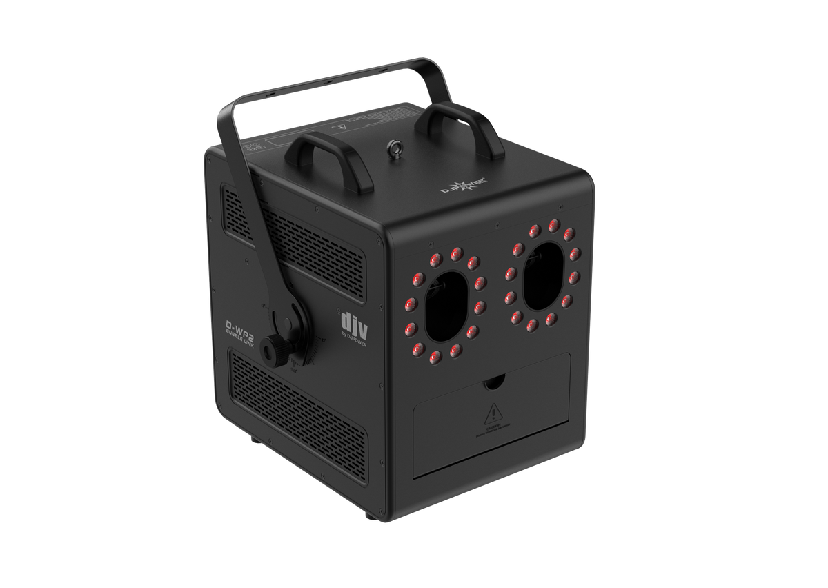 DJ Power D-WP2 Bubble Fog Machine in black, featuring a portable jet-design with a top handle, dual nozzles for fog-filled bubbles, and two front-facing circular RGB LED light arrays.