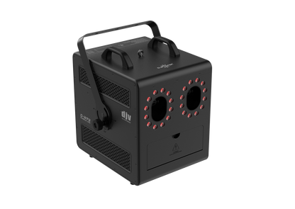DJ Power D-WP2 Bubble Fog Machine in black, featuring a portable jet-design with a top handle, dual nozzles for fog-filled bubbles, and two front-facing circular RGB LED light arrays.