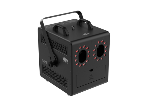 DJ Power D-WP2 Bubble Fog Machine in black, featuring a portable jet-design with a top handle, dual nozzles for fog-filled bubbles, and two front-facing circular RGB LED light arrays.
