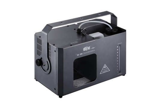 Gray DJ Power DJ-700 Haze Machine with a top carry handle, fluid reservoir, and a front output vent marked with a caution label.
