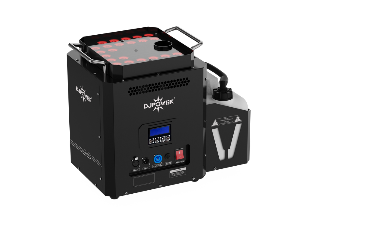 DJ Power DSK-3000VST Super-Jet vertical stage fog machine featuring a top LED ring, rear control panel, and attached fluid tank, utilizing Super-Jet technology for high-performance stage productions.