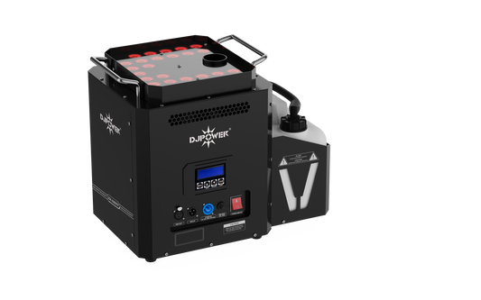 DJ Power DSK-3000VST Super-Jet vertical stage fog machine featuring a top LED ring, rear control panel, and attached fluid tank, utilizing Super-Jet technology for high-performance stage productions.