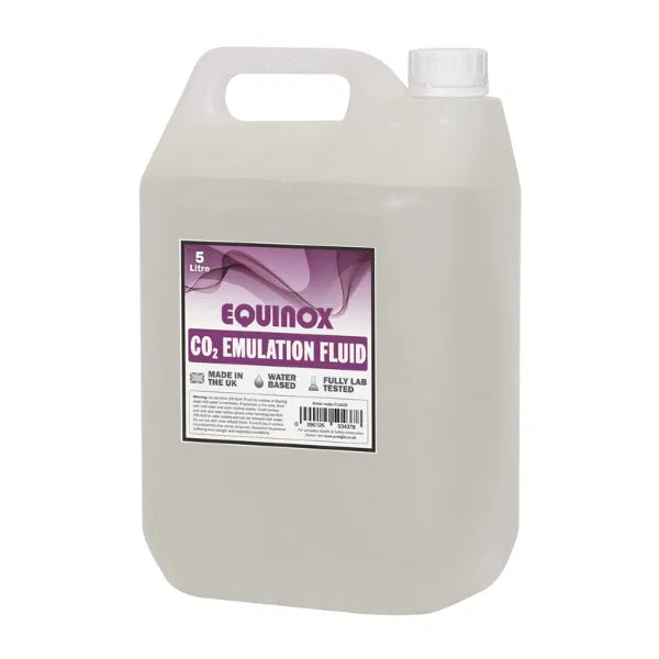 A 5-litre clear plastic container of Equinox CO2 Emulation Fluid 5 Litres by Equinox, featuring a handle and screw cap. The label states it is a water-based fogger liquid, made in the UK and fully lab tested—perfect for use as fog machine fluid.