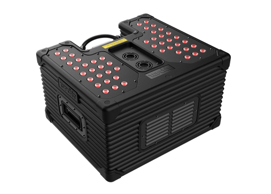 The DJ Power HURRICANE SUPER JET (IP53) by DJ Power is a black, rugged, rectangular fog machine featuring red LED lights on top, side vents, handles, and upper control ports. Leveraging super jet technology, this powerful device delivers impressive outdoor fog effects.