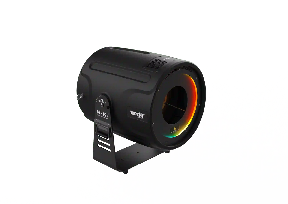 A black cylindrical DJ Power Smoke Ring Machine with a handle. The front displays a vibrant RGB LED light ring encircling the grill, and DJ Power branding is visible on the side. The machine rests on a bracket stand.