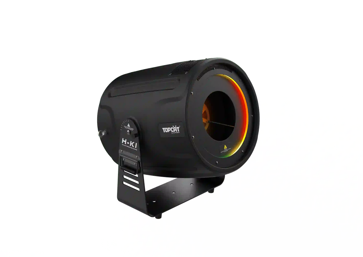 A black cylindrical DJ Power DJ Power Smoke Ring Machine, featuring a glowing circular RGB LED light ring and labeled with the DJ Power logo, is mounted on an adjustable bracket against a plain white background.