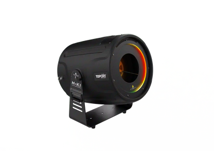 A black cylindrical DJ Power DJ Power Smoke Ring Machine, featuring a glowing circular RGB LED light ring and labeled with the DJ Power logo, is mounted on an adjustable bracket against a plain white background.