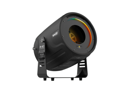 A DJ Power DJ Power Smoke Ring Machine, featuring a black body with a circular RGB LED light ring and mounted on an adjustable metal stand, is displayed against a plain white background.