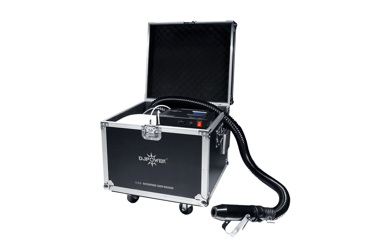 DJ Power H-S6 Snow Machine, a portable device for realistic snow effects, housed in an open black flight case with an attached hose and nozzle.