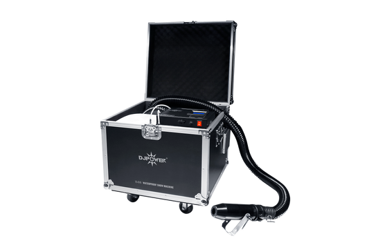 DJ Power H-S6 Snow Machine, a portable device for realistic snow effects, housed in an open black flight case with an attached hose and nozzle.