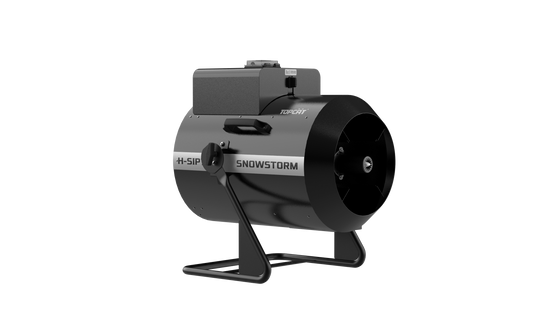Professional black DJ Power DJ Power H-SIP7 SNOWSTORM machine on a metal stand with a front-facing fan and top reservoir, designed for large snow output.