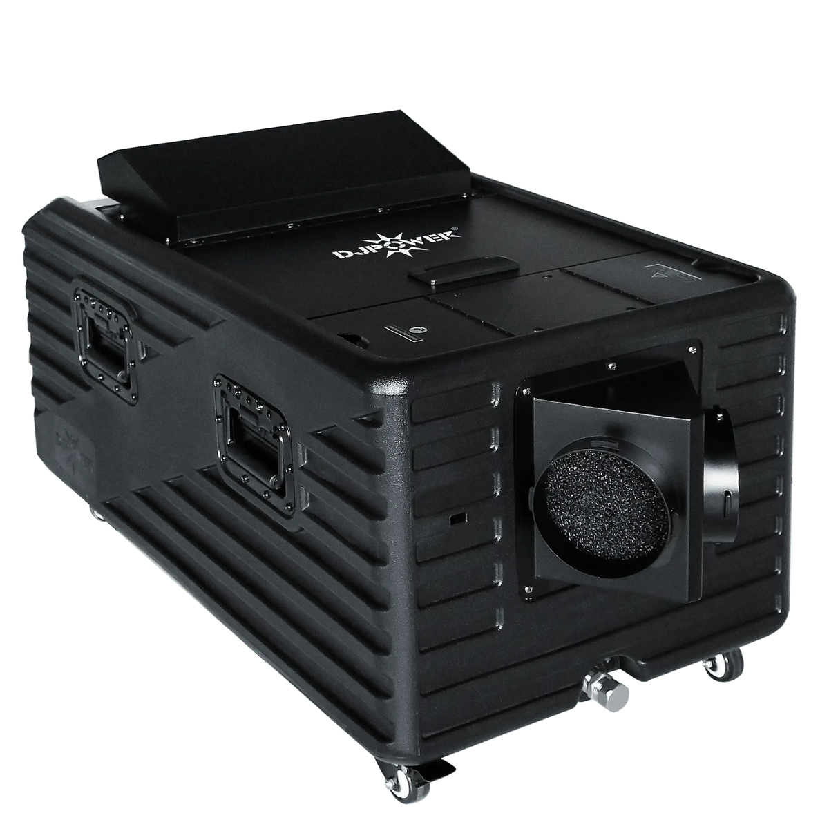 Black portable air filtration unit on wheels with handles on each side, featuring a front vent with a filter and a rectangular exhaust on top. The DJ Power brand name is visible on the top surface. Ideal for use alongside the DJ Power AQUA LOW FOG MACHINE or other advanced misting equipment to maintain optimal air quality in environments where fog machines are operated.